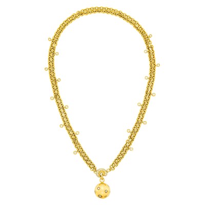 Lot 120 - Double Strand Gold and Diamond Circle Link Chain Necklace with Gold and Diamond Ball Pendant