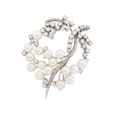 Lot 78 - Platinum, Cultured Pearl and Diamond Brooch
