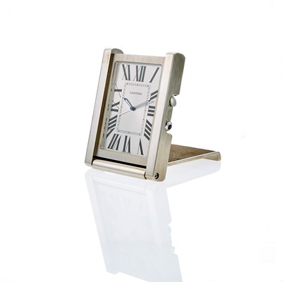 Lot 1217 - Cartier Stainless Steel and Leather Travel Clock