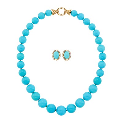 Lot 141 - Treated Turquoise Bead Necklace with Gold and Diamond Clasp and Pair of Earrings