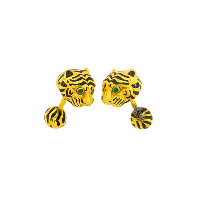 Lot 99 - David Webb Pair of Gold, Enamel and Emerald Tiger Cufflinks
