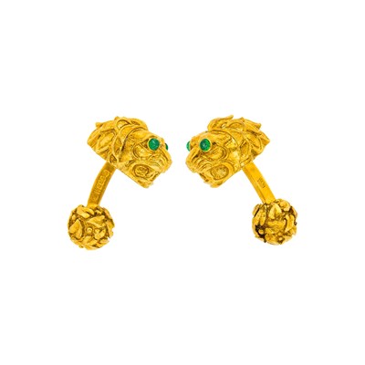 Lot 102 - David Webb Pair of Gold and Cabochon Emerald Lion Head Cufflinks