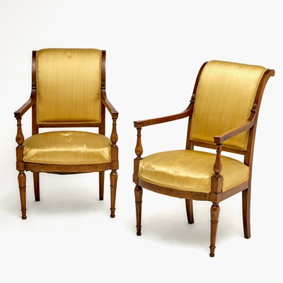 Lot 574 - Pair of Directoire Upholstered Mahogany Fauteuils