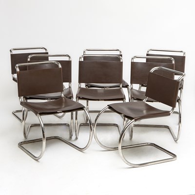 Lot 98 - Set of Eight Mies van der Rohe Leather and Tubular Steel "MR20" Dining Chairs