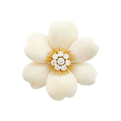 Lot 123 - Van Cleef & Arpels Gold, White Coral and Diamond 'Rose de Noel' Clip-Brooch, France