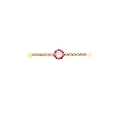 Lot 1139 - Edwardian Platinum, Gold, Diamond, Ruby and Pearl Bar Brooch
