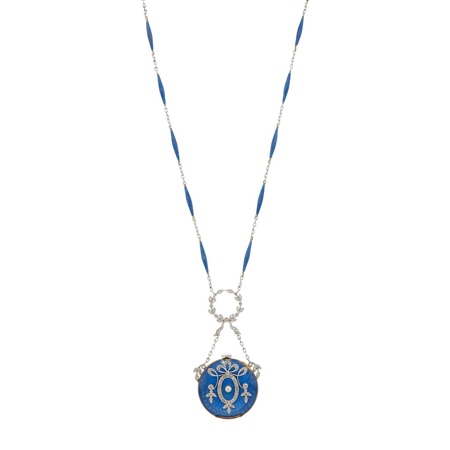 Lot 55 - Belle Epoque Platinum, Gold, Blue Guillloché Enamel and Diamond Pendant-Watch Necklace