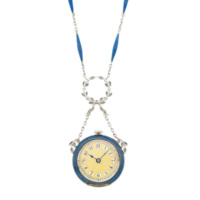 Lot 55 - Belle Epoque Platinum, Gold, Blue Guillloché Enamel and Diamond Pendant-Watch Necklace