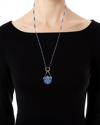 Lot 55 - Belle Epoque Platinum, Gold, Blue Guillloché Enamel and Diamond Pendant-Watch Necklace