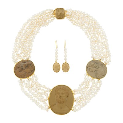 Lot 1131 - Harry Fireside Six Strand Baroque Freshwater Pearl, Gold and Lava Cameo Necklace and Pair of Pendant-Earrings