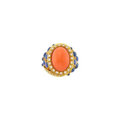 Lot 10 - Gold, Coral, Diamond and Cabochon Sapphire Ring