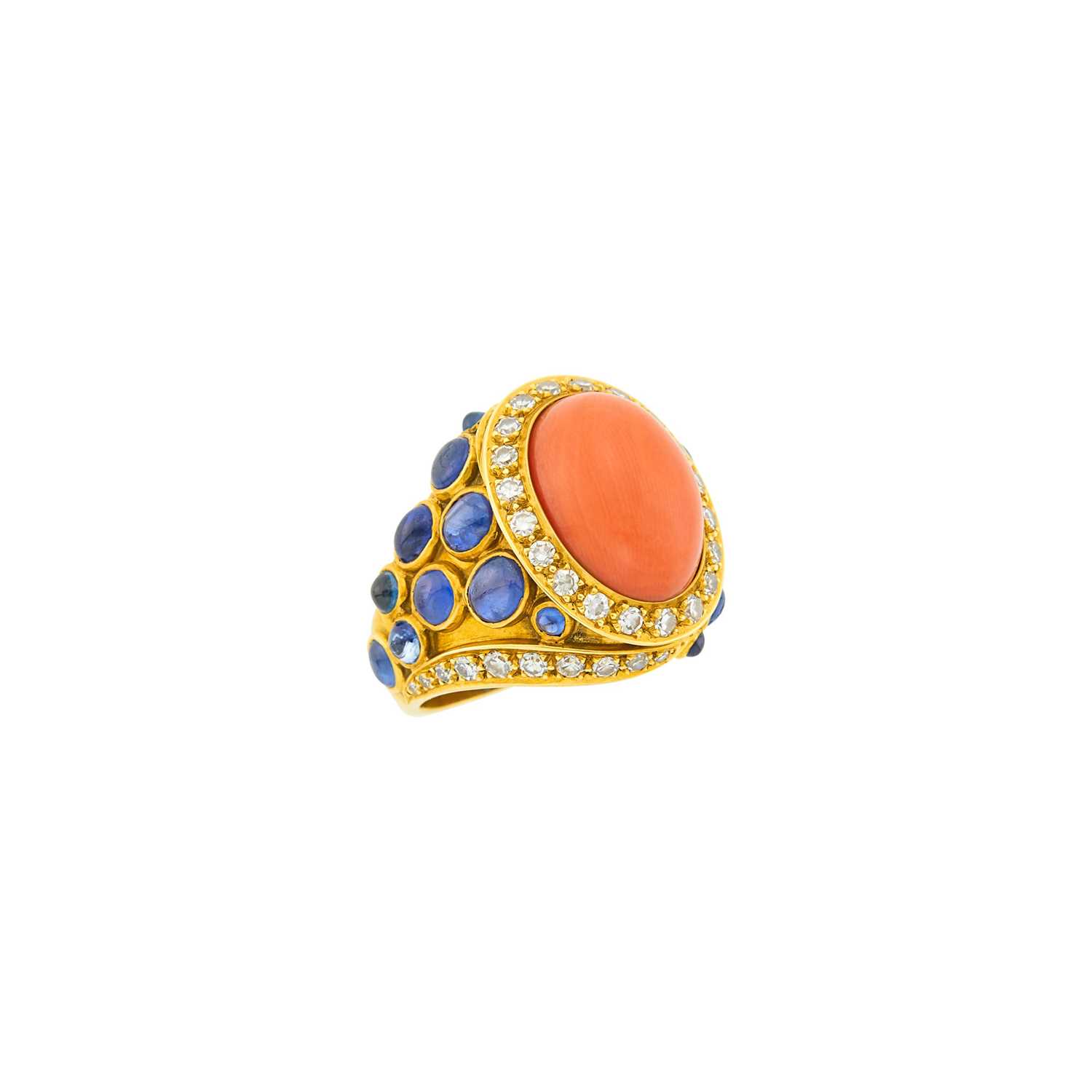 Lot 10 - Gold, Coral, Diamond and Cabochon Sapphire Ring