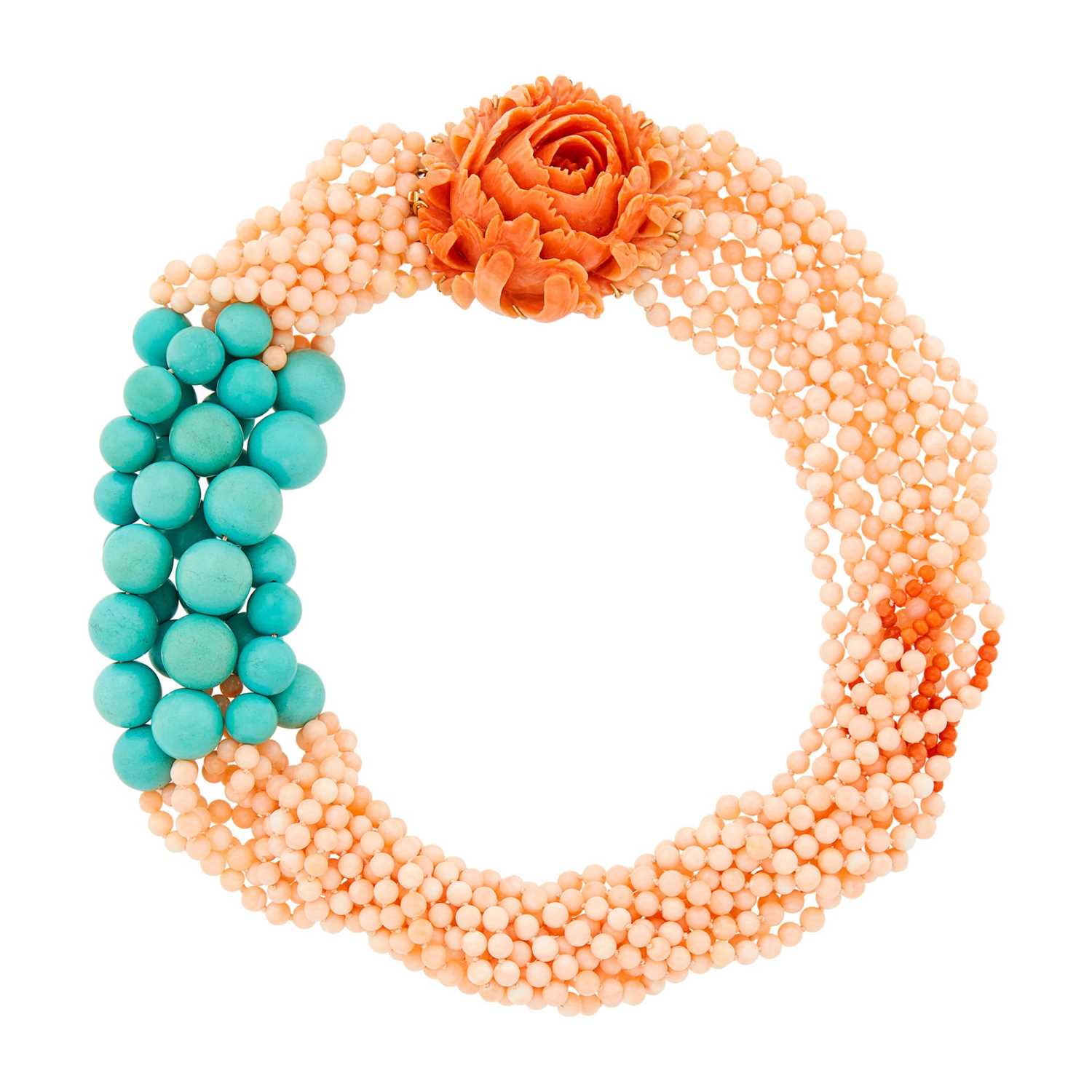 Lot 11 - Multistrand Angel Skin Coral and Turquoise Bead Necklace with Gold and Carved Coral Flower Clasp