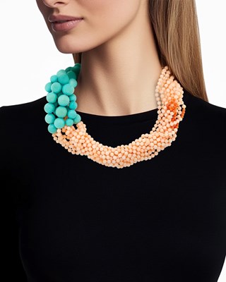 Lot 11 - Multistrand Angel Skin Coral and Turquoise Bead Necklace with Gold and Carved Coral Flower Clasp