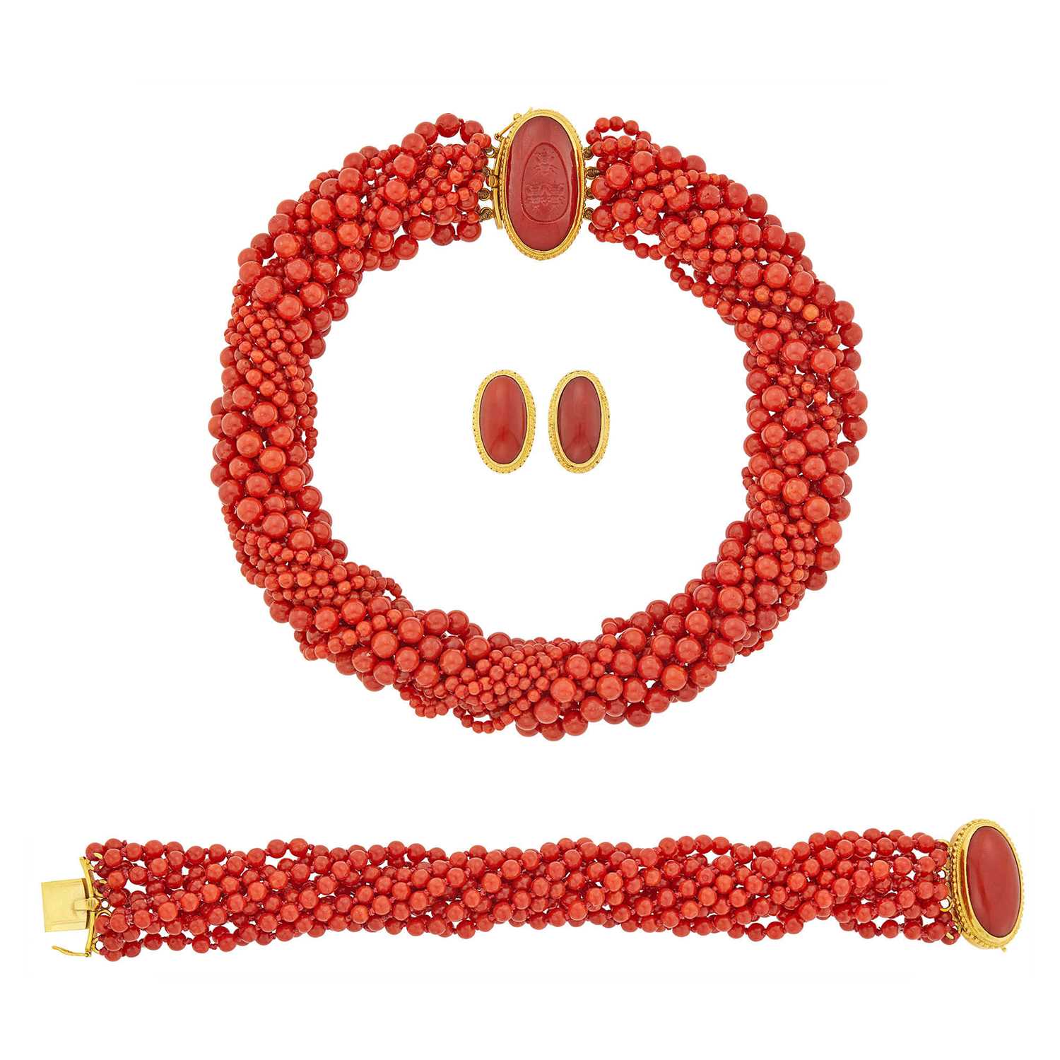 Lot 1243 - Harry Fireside Multistrand Coral Bead Torsade Necklace and Bracelet with Coral Clasps and Pair of Earrings