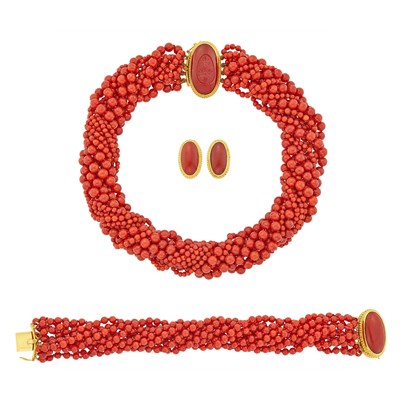 Lot 1243 - Harry Fireside Multistrand Coral Bead Torsade Necklace and Bracelet with Coral Clasps and Pair of Earrings