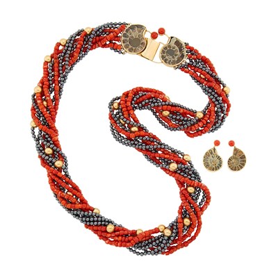 Lot 1244 - Long Nine Strand Tumbled Coral, Hematite and Gold Bead Necklace with Gold and Pyritized Ammonite Clasp and Pair of Earrings