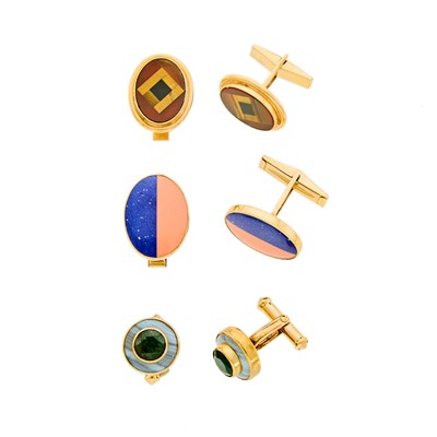Lot 1194 - Harry Fireside Three Pairs of Gold and Hardstone Cufflinks