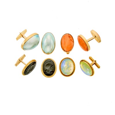 Lot 1179 - Harry Fireside Four Pairs of Gold, Coral, Opal, Black Onyx and Mabé Pearl Cufflinks