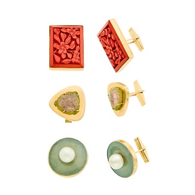 Lot 1154 - Harry Fireside Three Pairs of Gold, Agate, Cinnabar, Cultured Pearl and Carved Watermelon Tourmaline Cufflinks