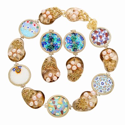 Lot 1242 - Silver, Gold, Pink Freshwater Pearl and Millefiori Glass Necklace and Pair of Pendant-Earclips