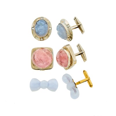 Lot 1182 - Three Pairs of Silver, Agate, Diamond and Cabochon Pink Tourmaline Cufflinks