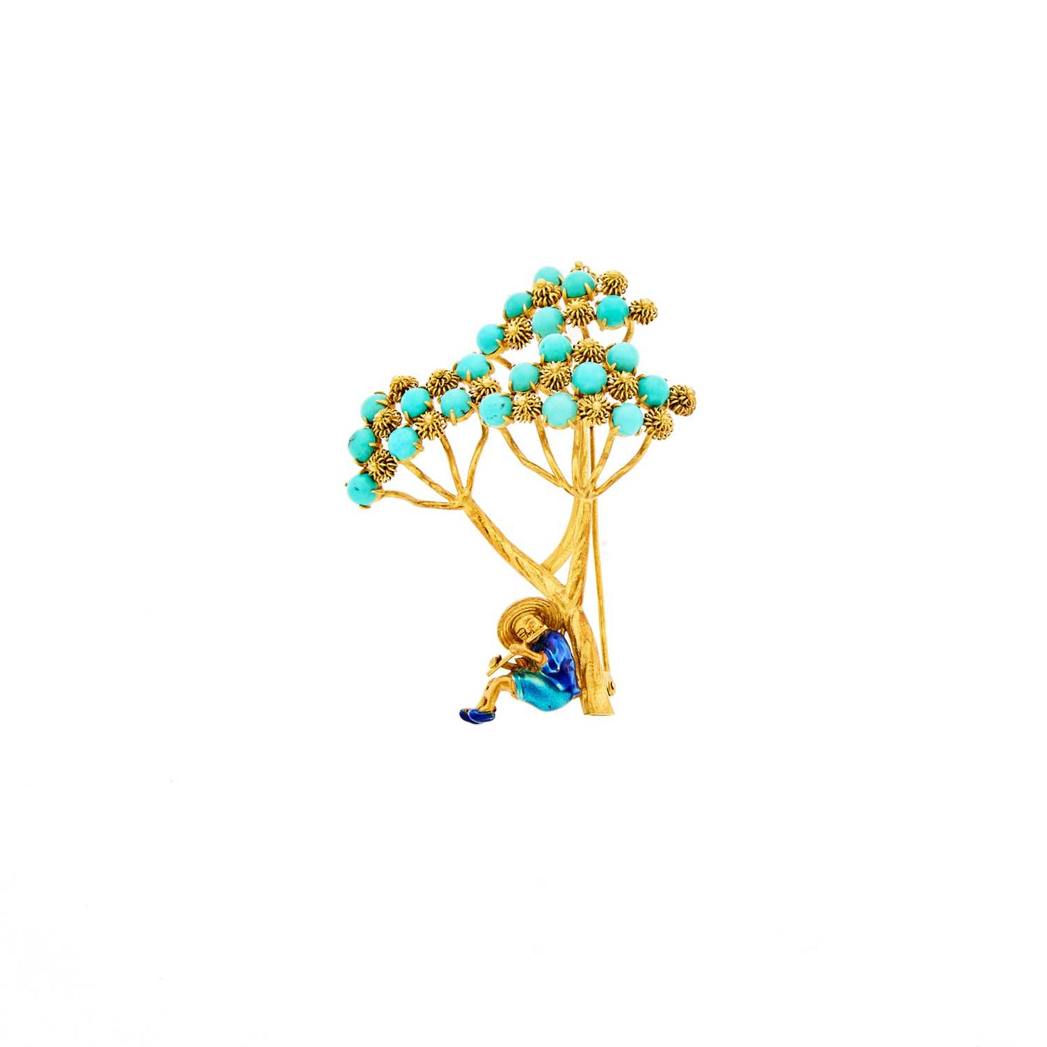 Lot 1079 - Gold, Turquoise and Enamel Flute Player and Tree Brooch