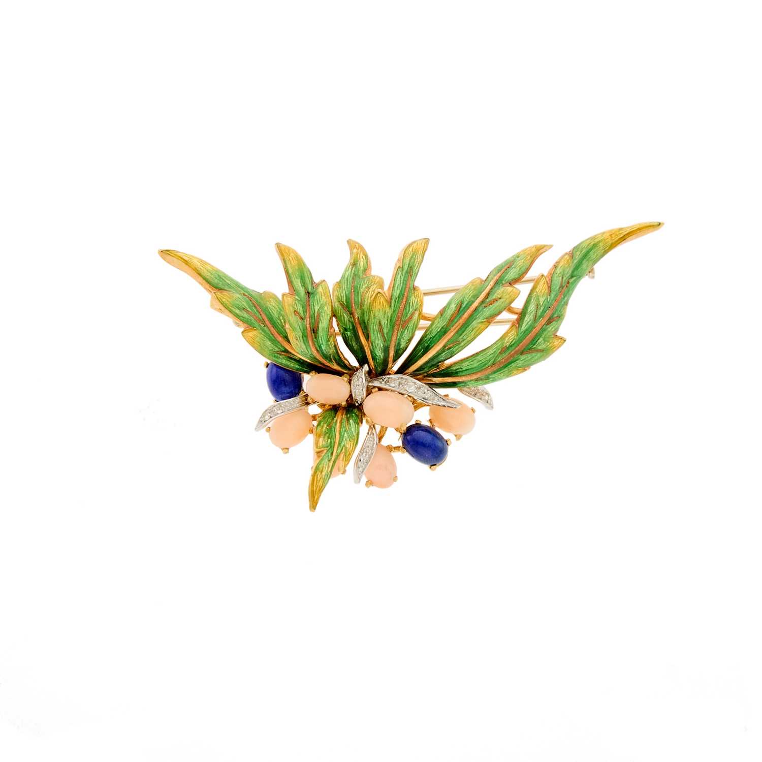 Lot 1062 - Two-Color Gold, Coral, Lapis, Diamond and Enamel Brooch