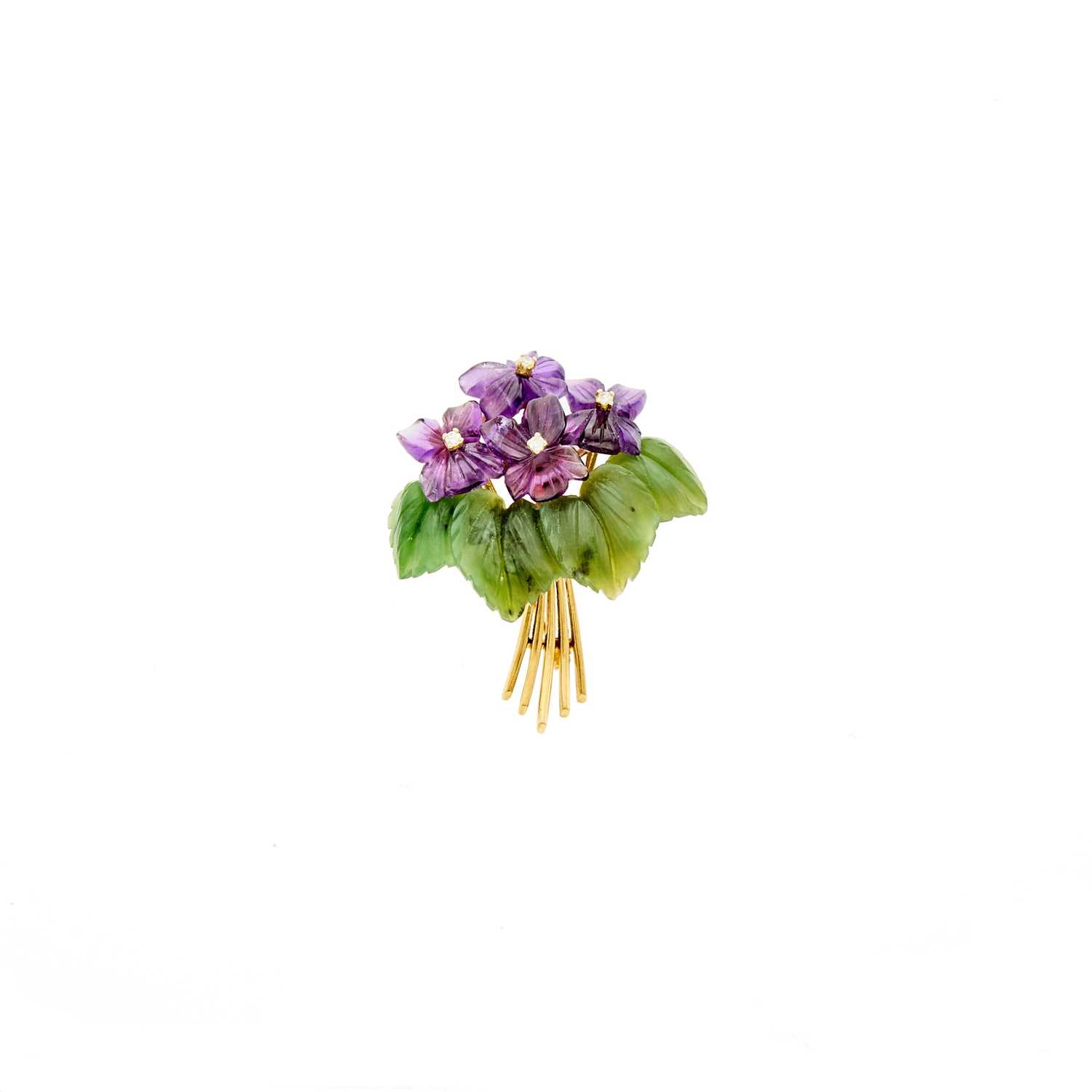 Lot 1057 - Spritzer & Fuhrmann Gold and Carved Amethyst, Nephrite and Diamond Flower Brooch