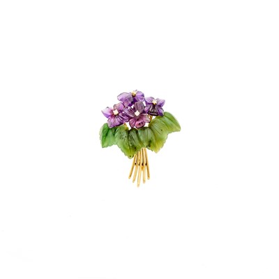 Lot 1057 - Spritzer & Fuhrmann Gold and Carved Amethyst, Nephrite and Diamond Flower Brooch
