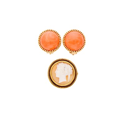 Lot 1181 - Gold and Shell Cameo Brooch and Pair of Coral Earclips