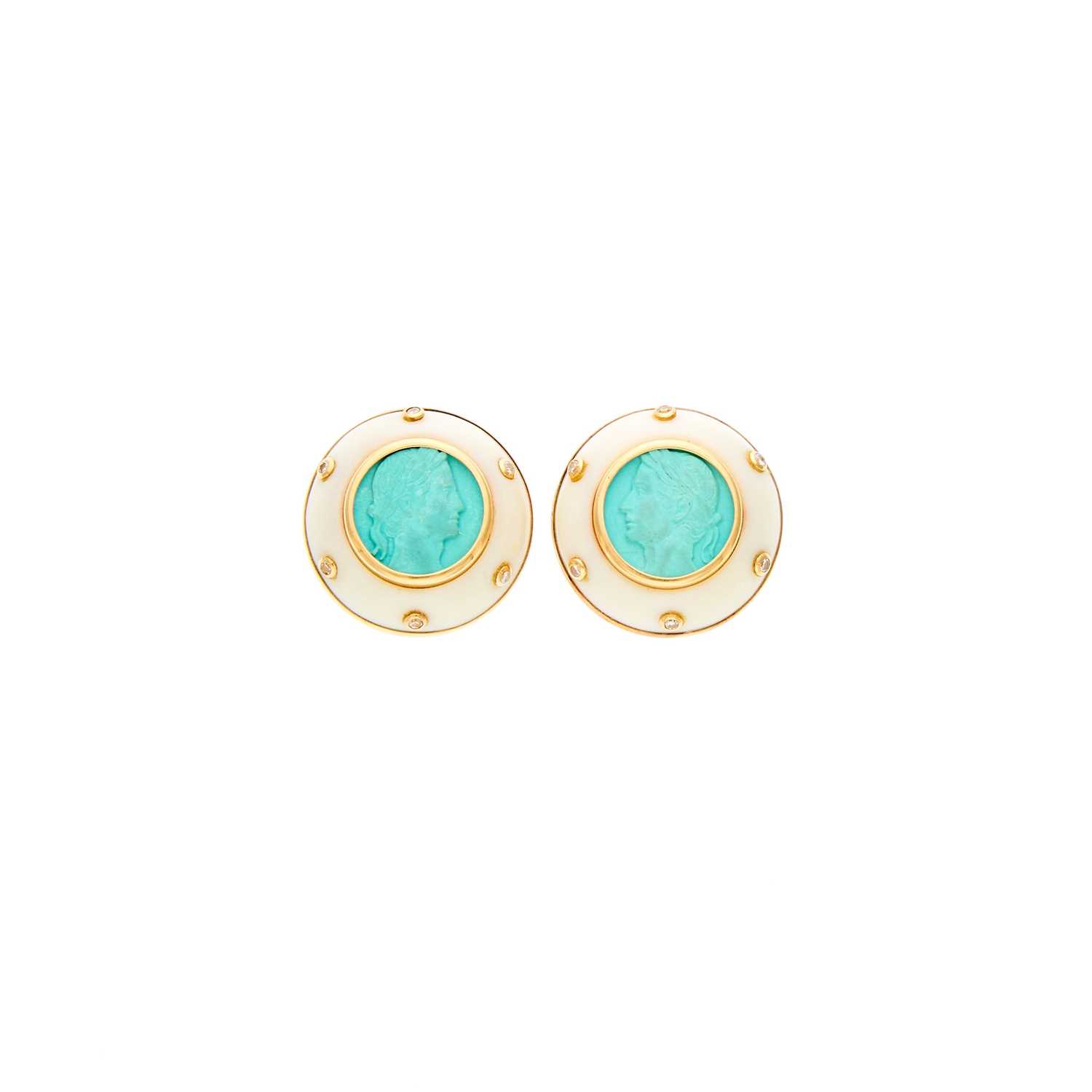 Lot 1008 - Pair of White Coral, Gold, Carved Turquoise Cameo and Diamond Earclips