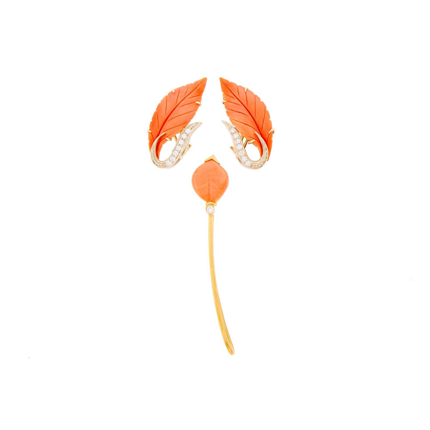 Lot 1055 - Pair of Two-Color Gold, Carved Coral and Diamond Leaf Earclips and Bar Brooch