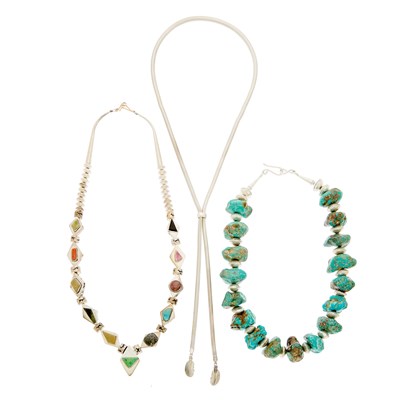 Lot 1248 - Silver and Tumbled Turquoise Bead Necklace, Silver Feather Necklace and Hardstone Necklace