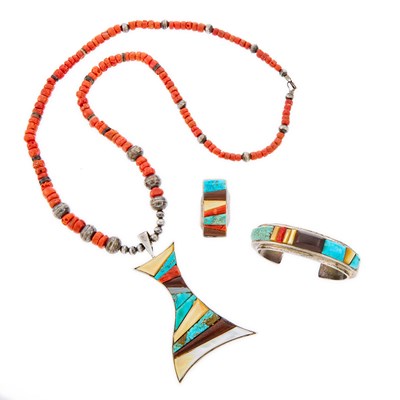 Lot 1246 - Michael Durkee Silver, Coral and Hardstone Pendant with Bead Necklace, Cuff Bracelet and Ring