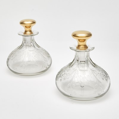 Lot 244 - Pair of Tiffany & Co. 18KT Gold Mounted Etched Glass Scent Bottles