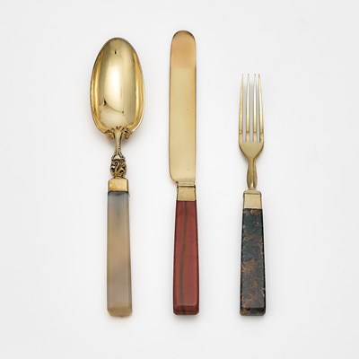 Lot 126 - Cased English Silver Gilt Plated and Hardstone Dessert Service