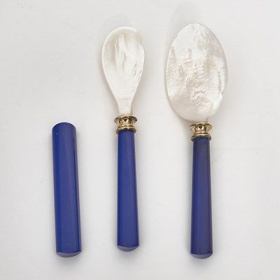 Lot 131 - Fabergé Sterling Silver, Mother-of-Pearl and Hard Stone Caviar Set