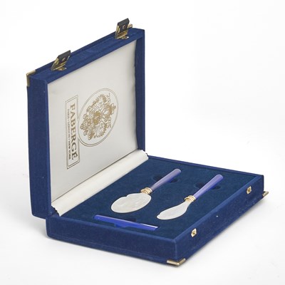 Lot 131 - Fabergé Sterling Silver, Mother-of-Pearl and Hard Stone Caviar Set