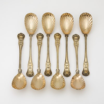 Lot 108 - Set of Eight Victorian Sterling Silver Gilt "Fiddle, Thread and Shell" Pattern Serving Spoons