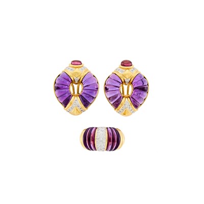 Lot 1150 - Gold, Carved Amethyst, Cabochon Pink Tourmaline and Diamond Ring and Pair of Earrings