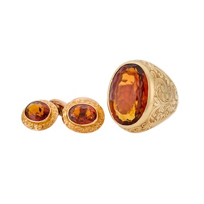 Lot 1132 - Pair of Gold and Citrine Cufflinks and Gentleman's Ring
