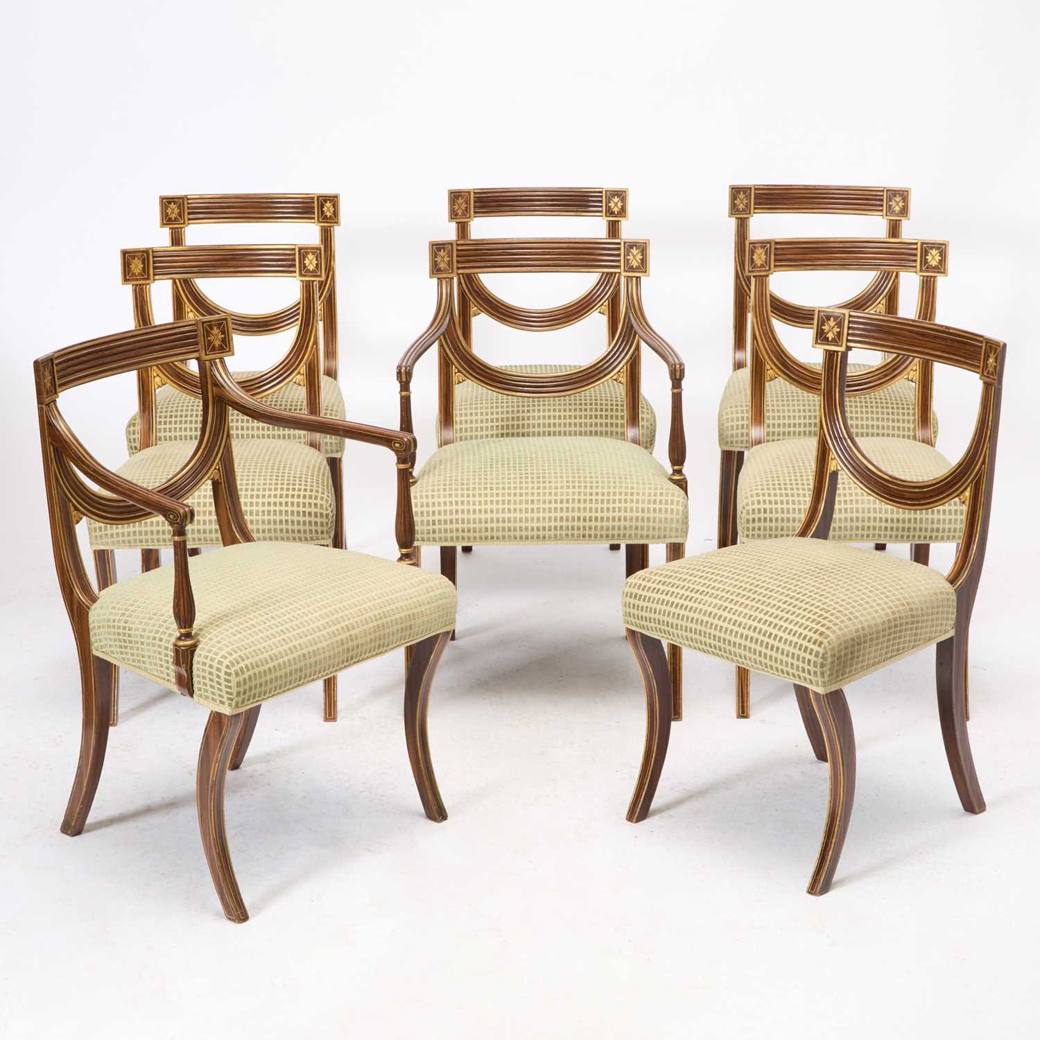 Lot 117 - Set of Twelve Regency Style Gilt-Decorated and Grain Painted Dining Chairs