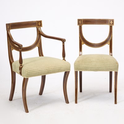 Lot 117 - Set of Twelve Regency Style Gilt-Decorated and Grain Painted Dining Chairs