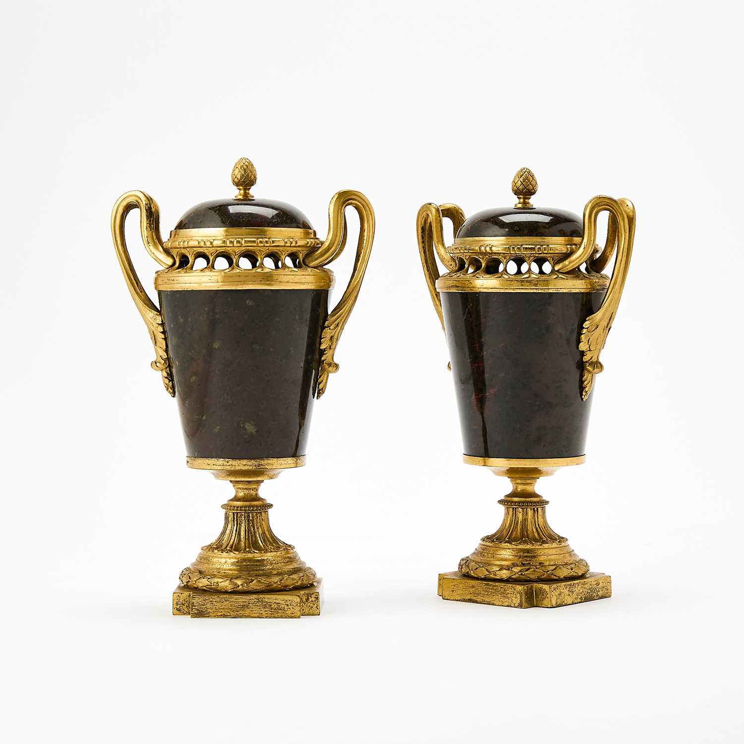 Lot 123 - Pair of Louis XVI Ormolu-Mounted Bloodstone Covered Urns