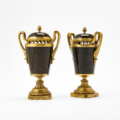 Lot 123 - Pair of Louis XVI Ormolu-Mounted Bloodstone Covered Urns