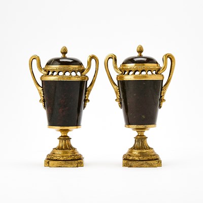 Lot 123 - Pair of Louis XVI Ormolu-Mounted Bloodstone Covered Urns