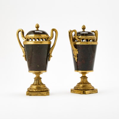 Lot 123 - Pair of Louis XVI Ormolu-Mounted Bloodstone Covered Urns