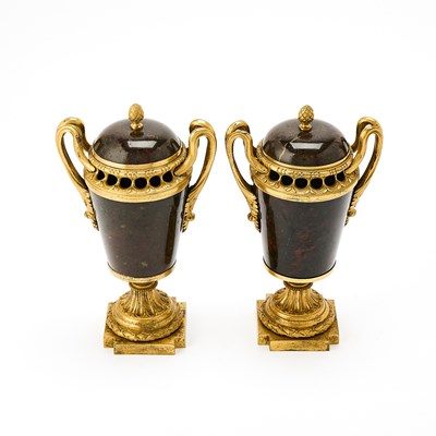 Lot 123 - Pair of Louis XVI Ormolu-Mounted Bloodstone Covered Urns