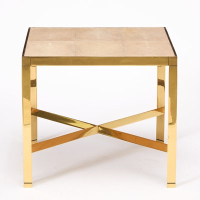 Lot 130 - Karl Springer Style Brass and Shagreen Triangular Leg Brass End Table